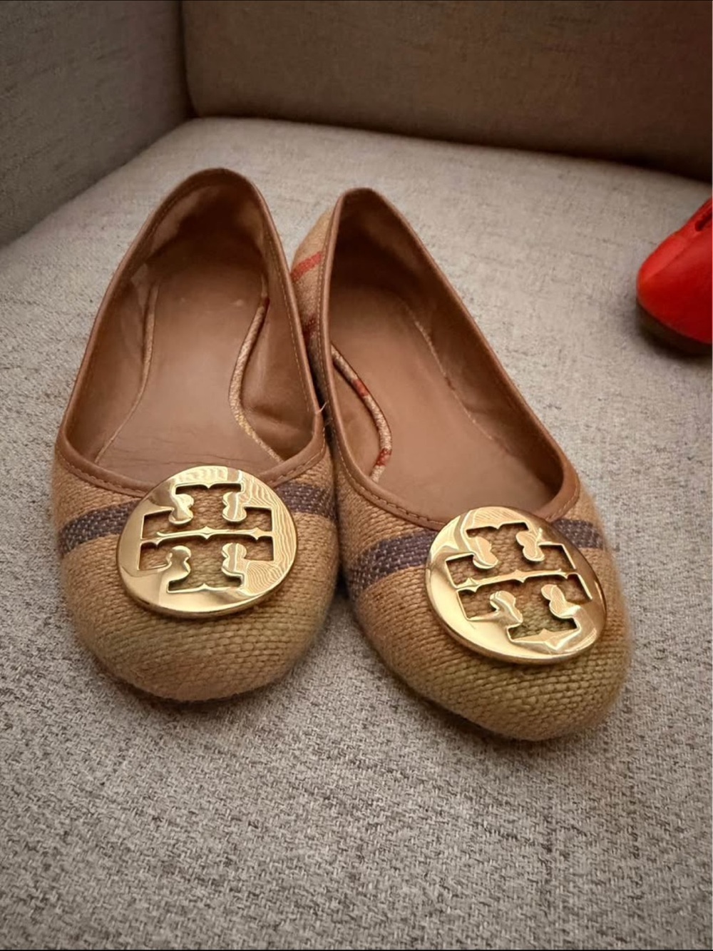 Tory Burch Tan Canvas Ballet Flats with Gold Logo Disc